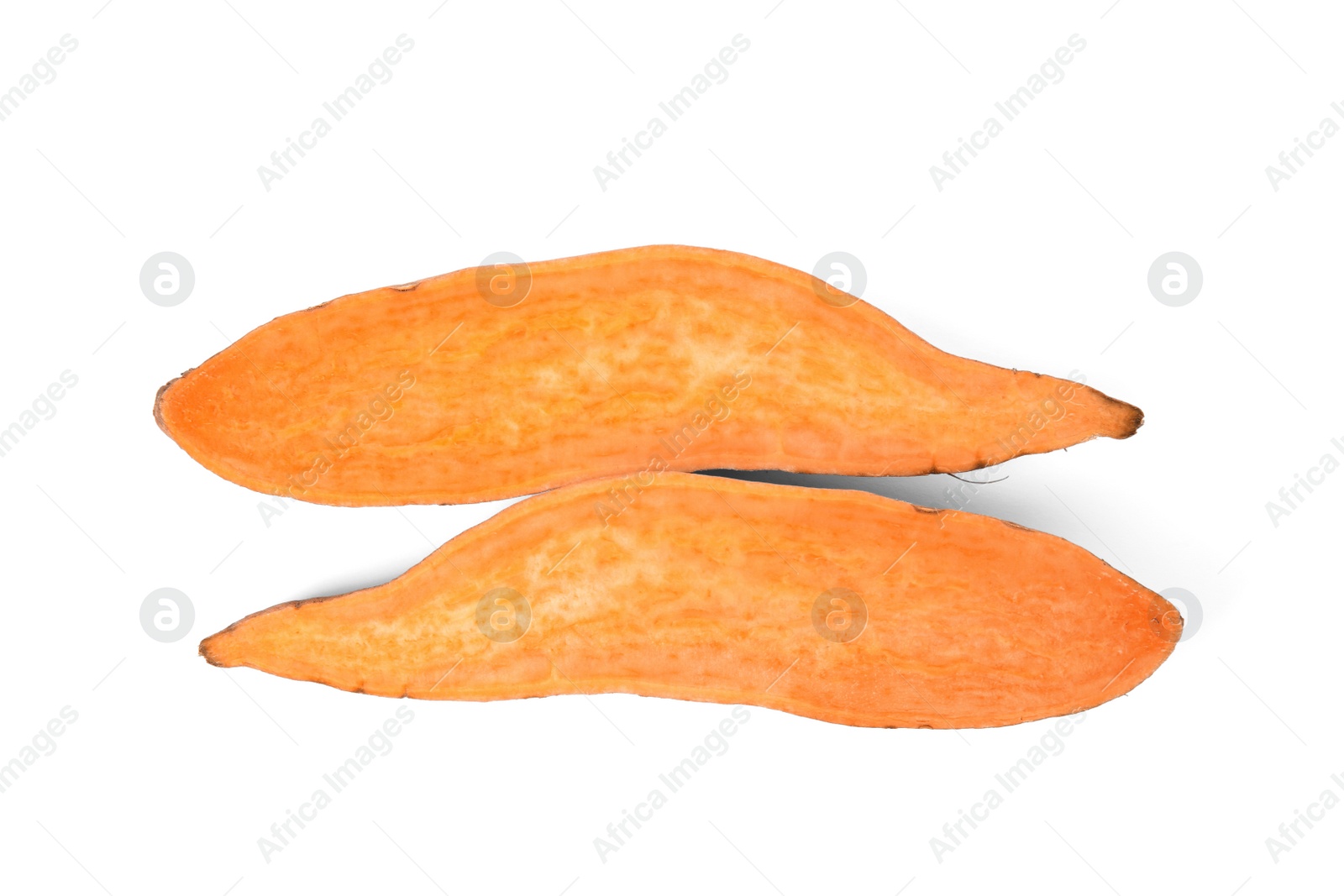 Photo of Cut fresh sweet potato on white background, top view