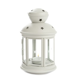 Photo of Decorative Christmas lantern with candle isolated on white
