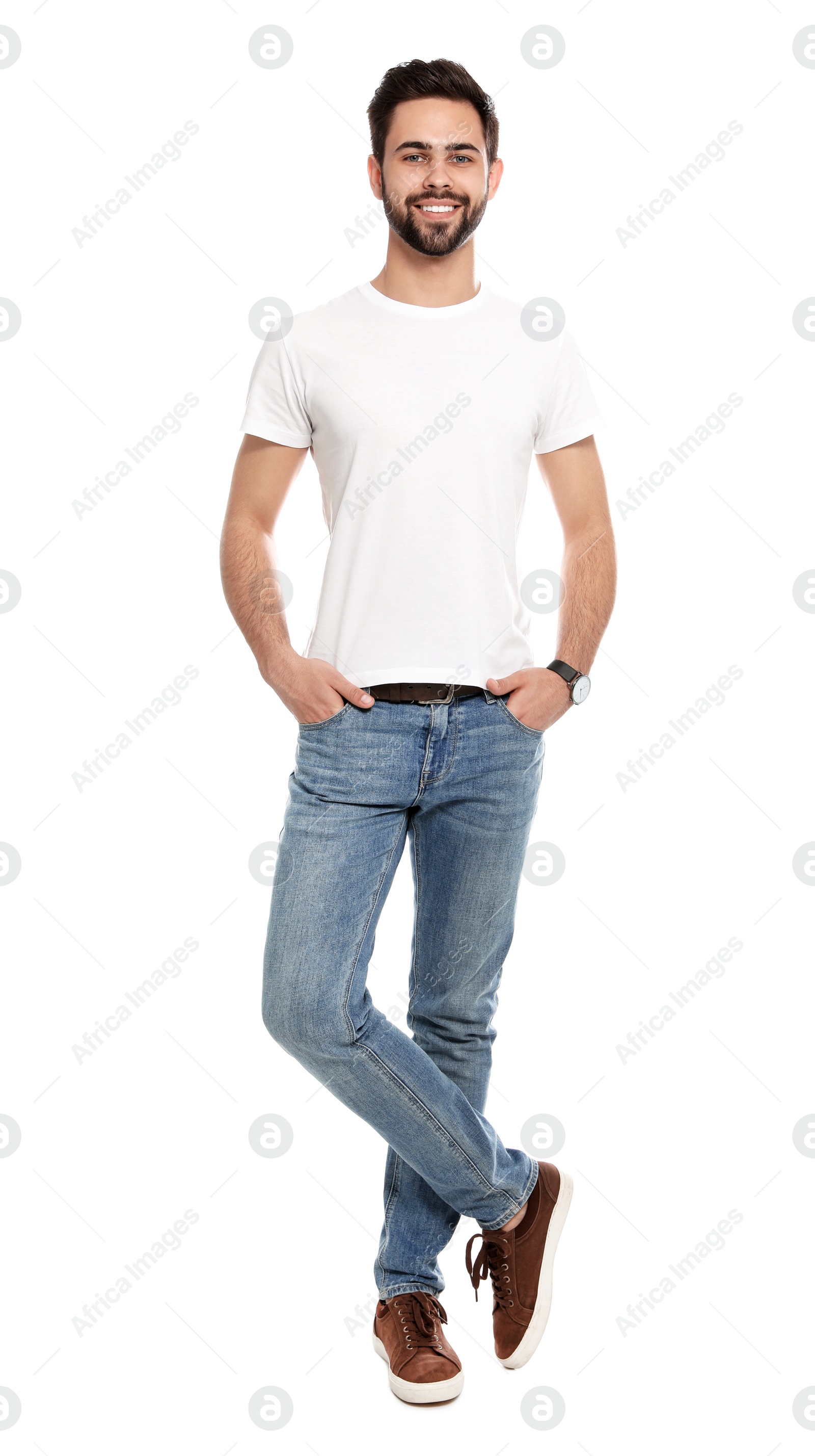 Photo of Young man in t-shirt on white background. Mock up for design