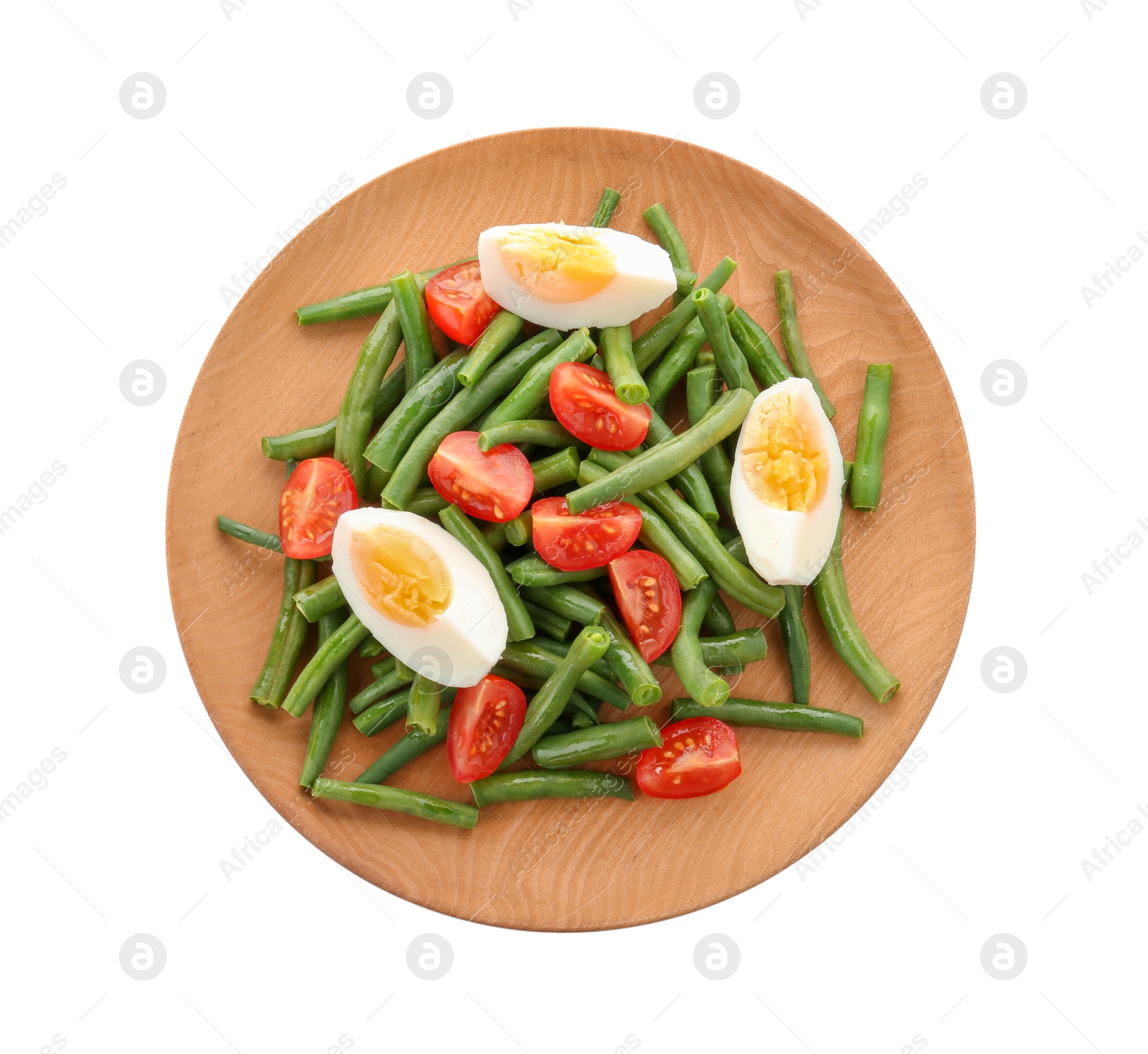 Photo of Plate with tasty green beans, eggs and  tomatoes on white background