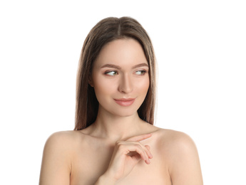 Portrait of young woman with beautiful face on white background