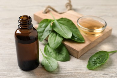 Essential oil of broadleaf plantain on light wooden table. Space for text