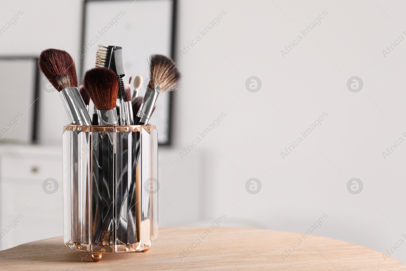 Photo of Set of professional brushes on wooden table indoors, space for text