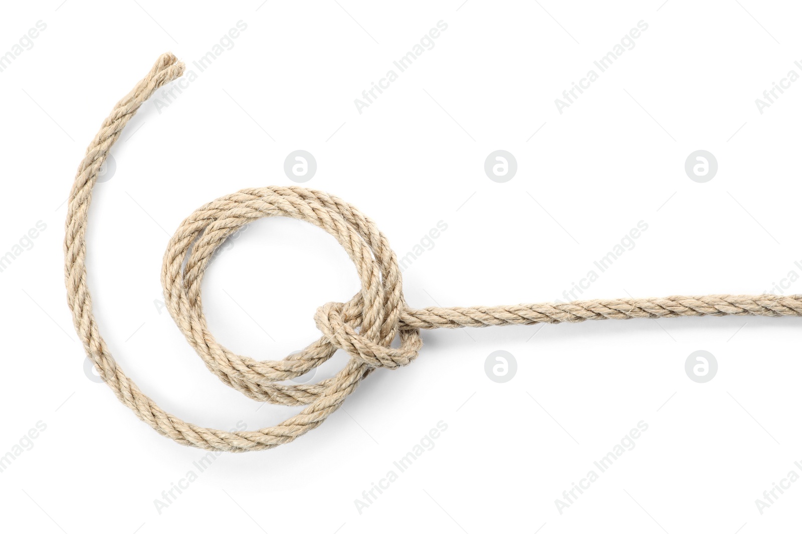 Photo of Hemp rope with knot isolated on white, top view