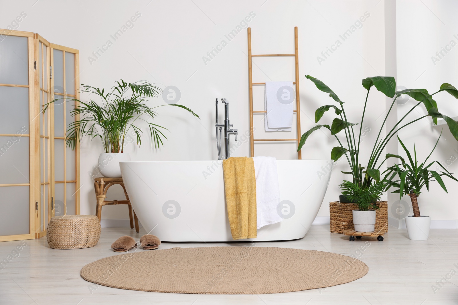 Photo of Stylish bathroom interior with modern ceramic tub and beautiful houseplants