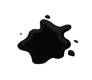 Photo of Blots of black liquid on white background, top view