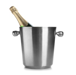 Photo of Bottle of champagne in bucket on white background