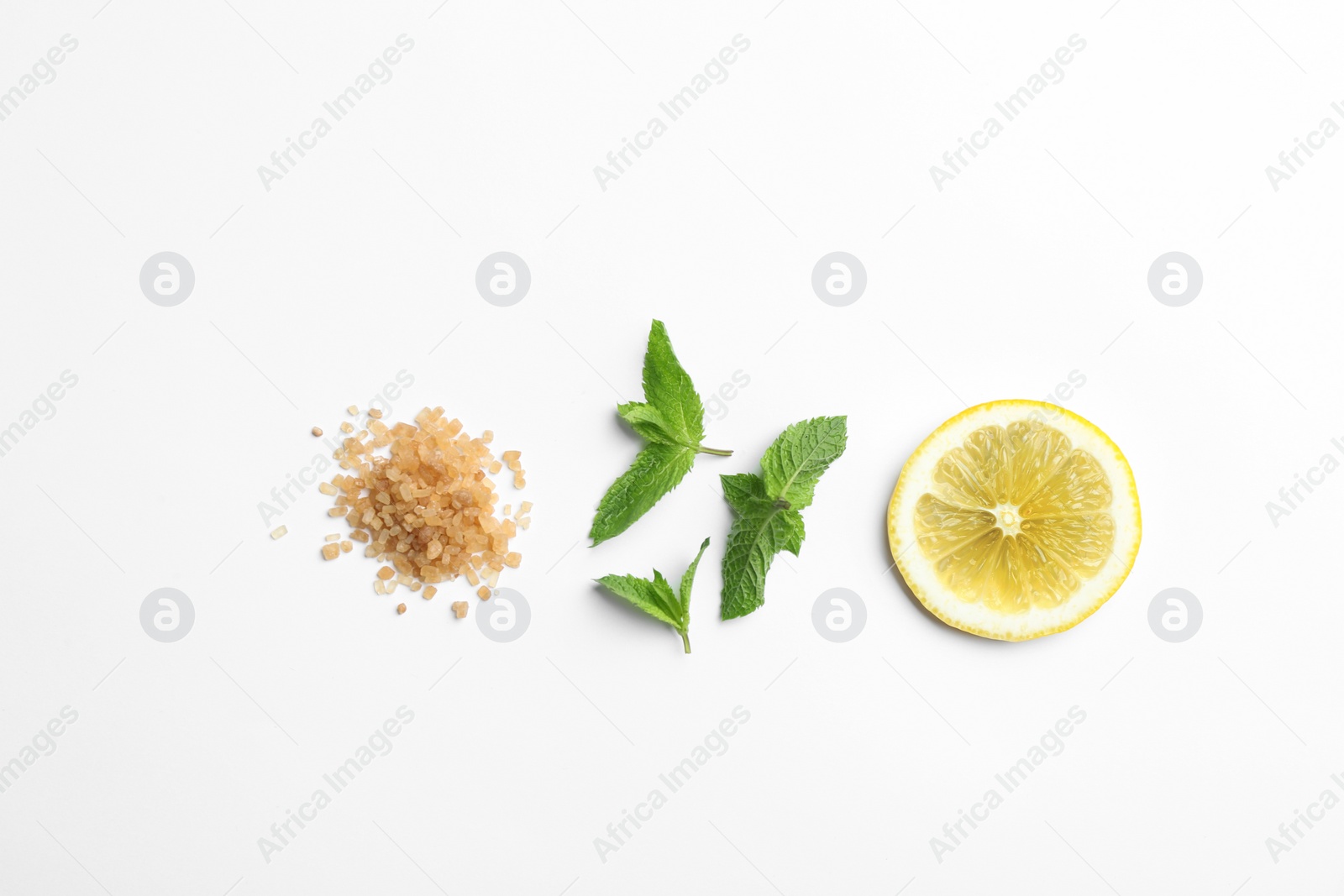 Photo of Fresh mint with sliced lemon and sugar on white background, flat lay