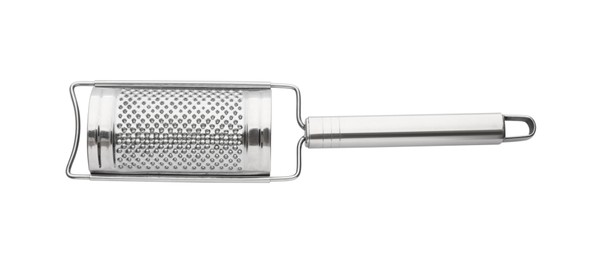Photo of Stainless steel grater on white background, top view. Kitchen utensil