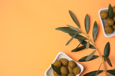 Fresh olives and green leaves on pale orange background, flat lay. Space for text