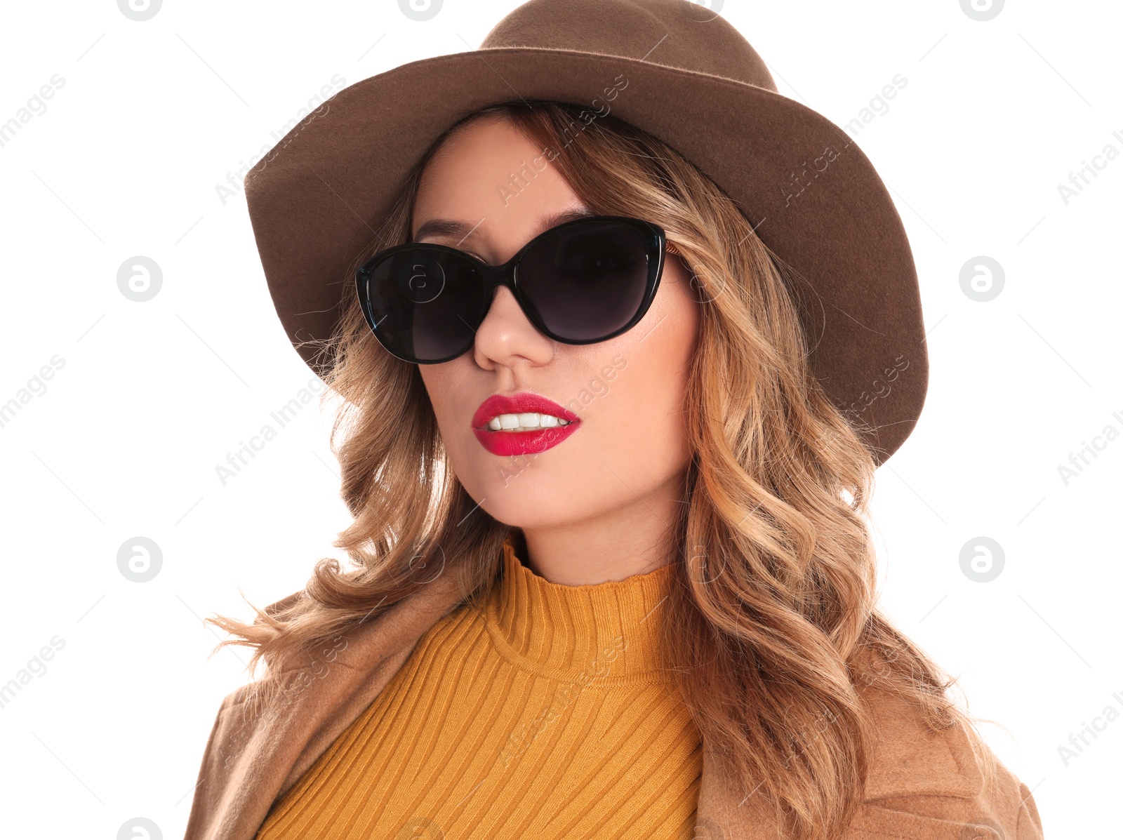 Photo of Young woman wearing stylish sunglasses and hat on white background