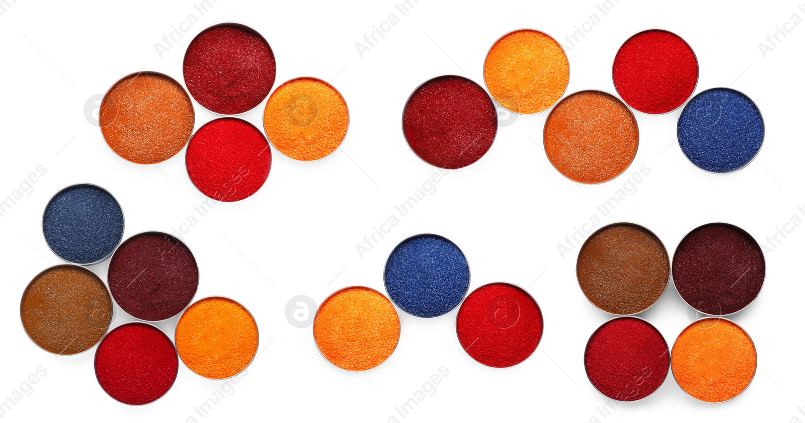 Image of Many different powdered food coloring isolated on white, top view