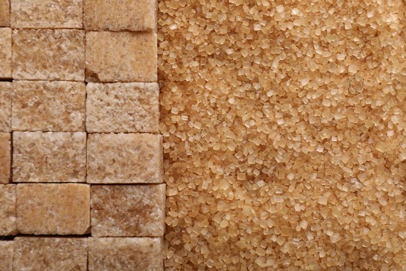 Photo of Different types of brown sugar as background, top view. Space for text