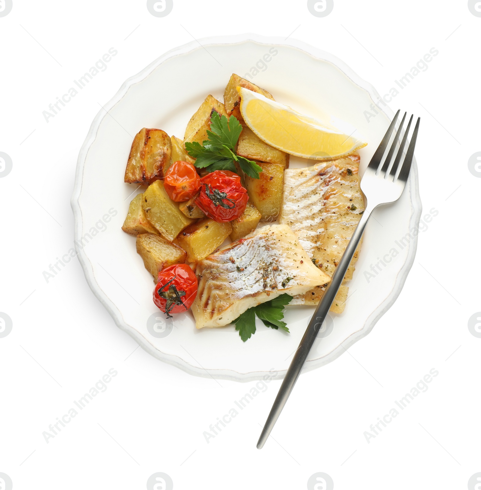 Photo of Tasty cod cooked with vegetables isolated on white, top view