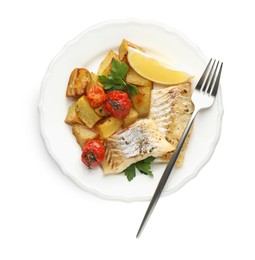 Tasty cod cooked with vegetables isolated on white, top view