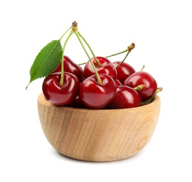 Photo of Wooden bowl with ripe sweet cherries on white background