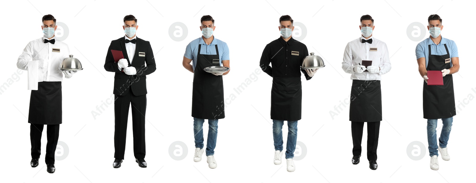 Image of Collage with photos of waiter wearing medical mask on white background. Protective measures during coronavirus outbreak, banner design