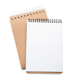 Photo of Stylish notebooks isolated on white, top view