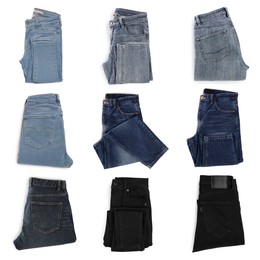 Image of Set with different jeans on white background, top view