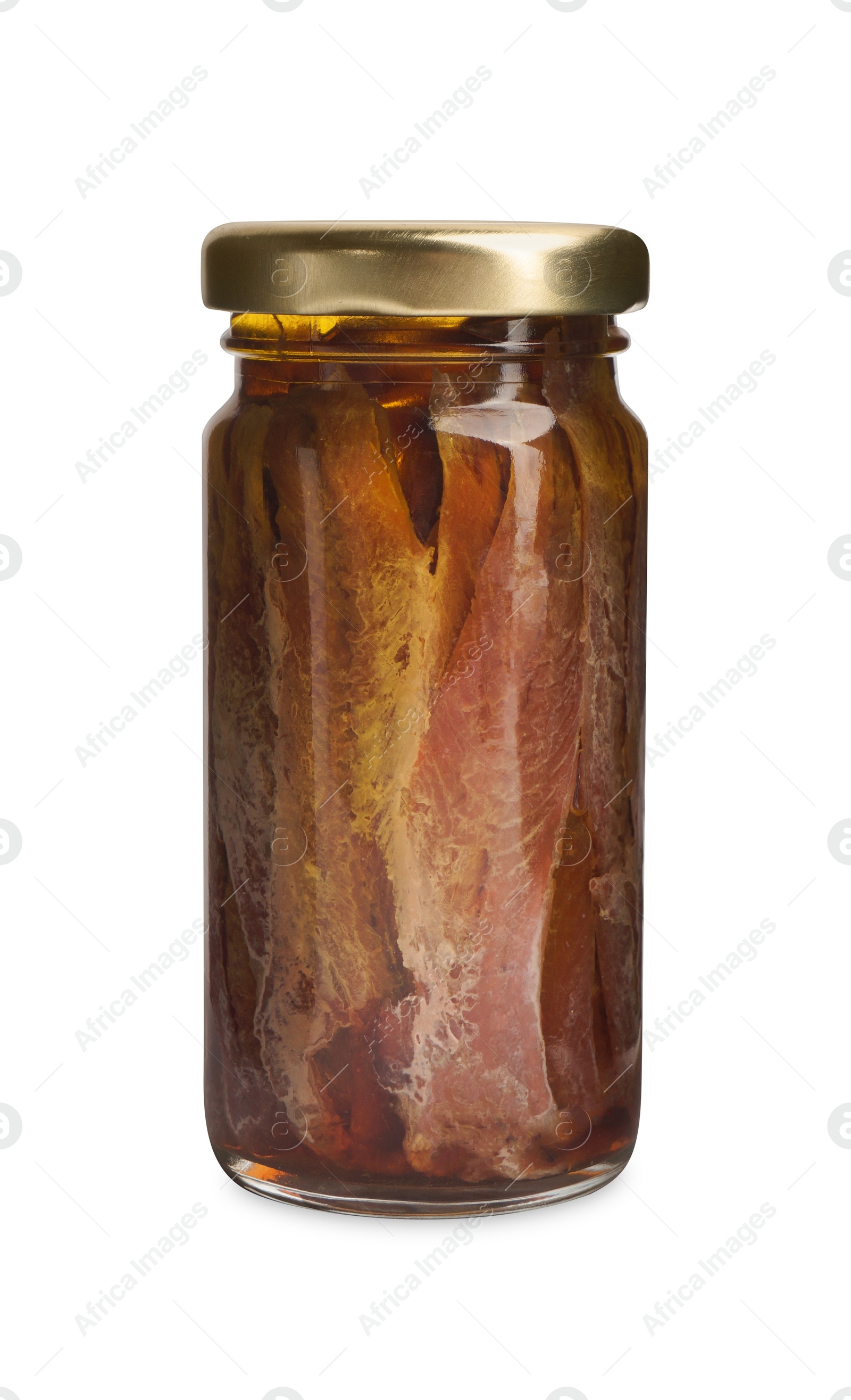 Photo of Jar with anchovy fillets in oil isolated on white