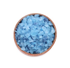 Photo of Wooden bowl with blue sea salt isolated on white, top view