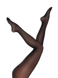 Photo of Woman with beautiful long legs wearing black tights on white background, closeup