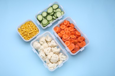 Photo of Plastic containers with different fresh products on light blue background, flat lay