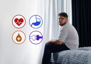 Image of Virtual icons demonstrating different health problems and overweight man on bed at home