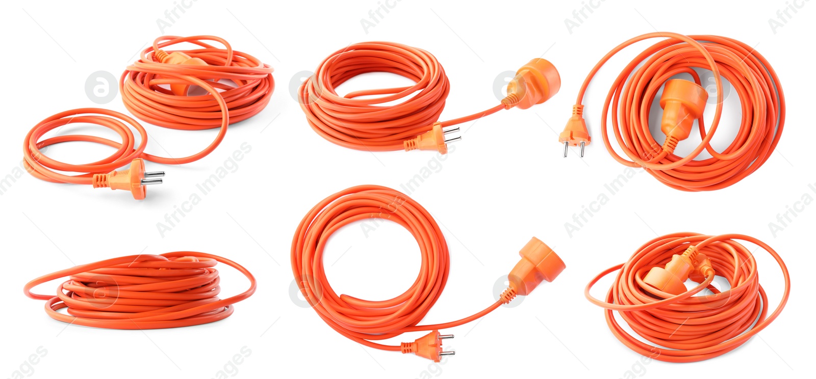 Image of Collage with orange extension cord on white background, different sides