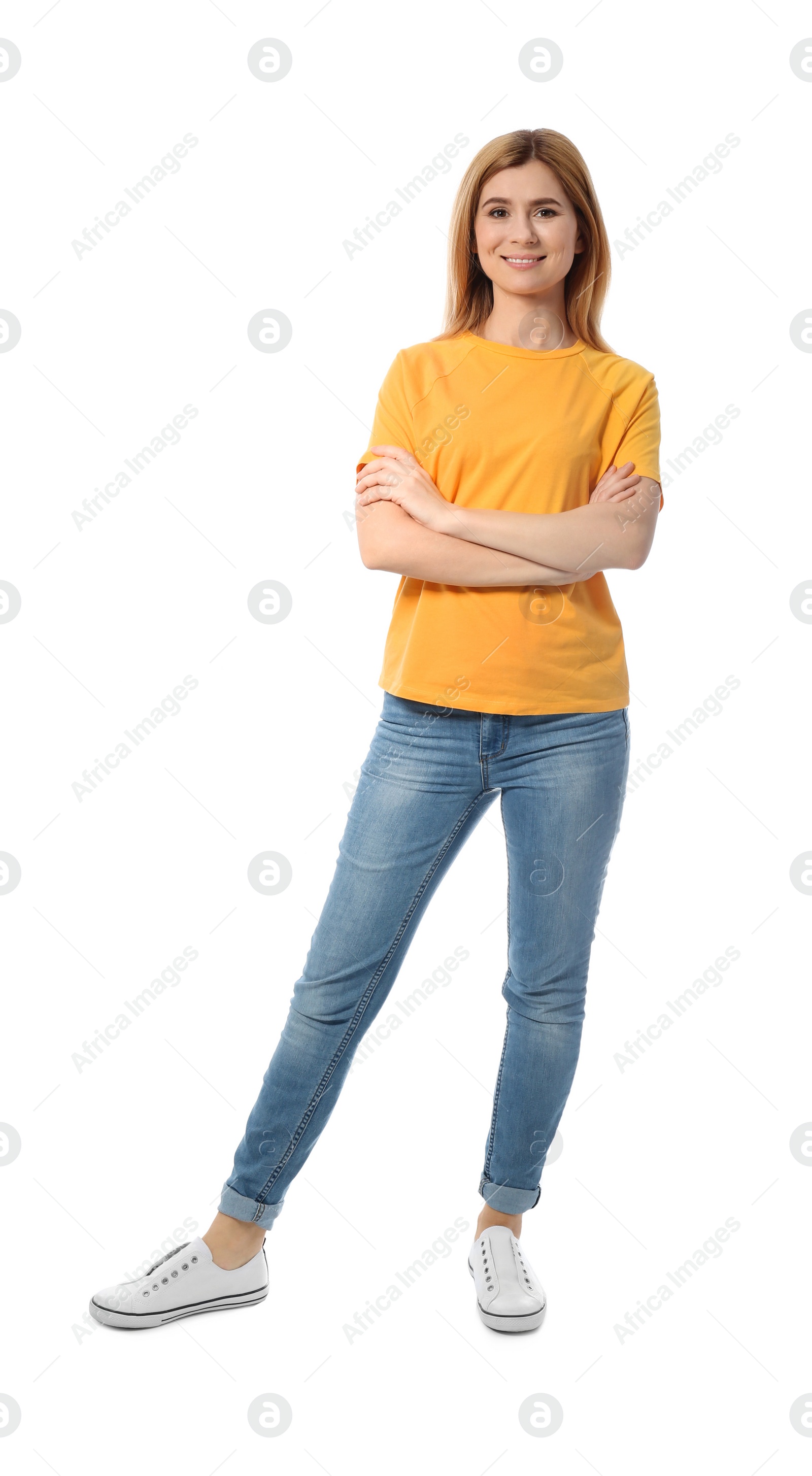 Photo of Full length portrait of beautiful woman posing on white background