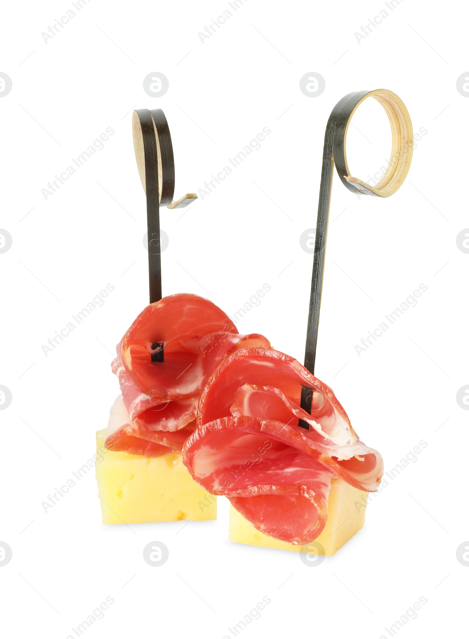 Photo of Tasty canape with cheese and ham isolated on white