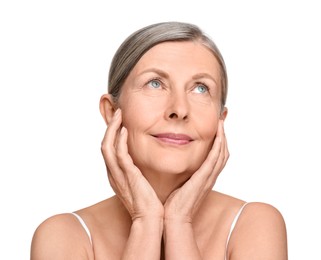 Photo of Portrait of senior woman with aging skin on white background. Rejuvenation treatment