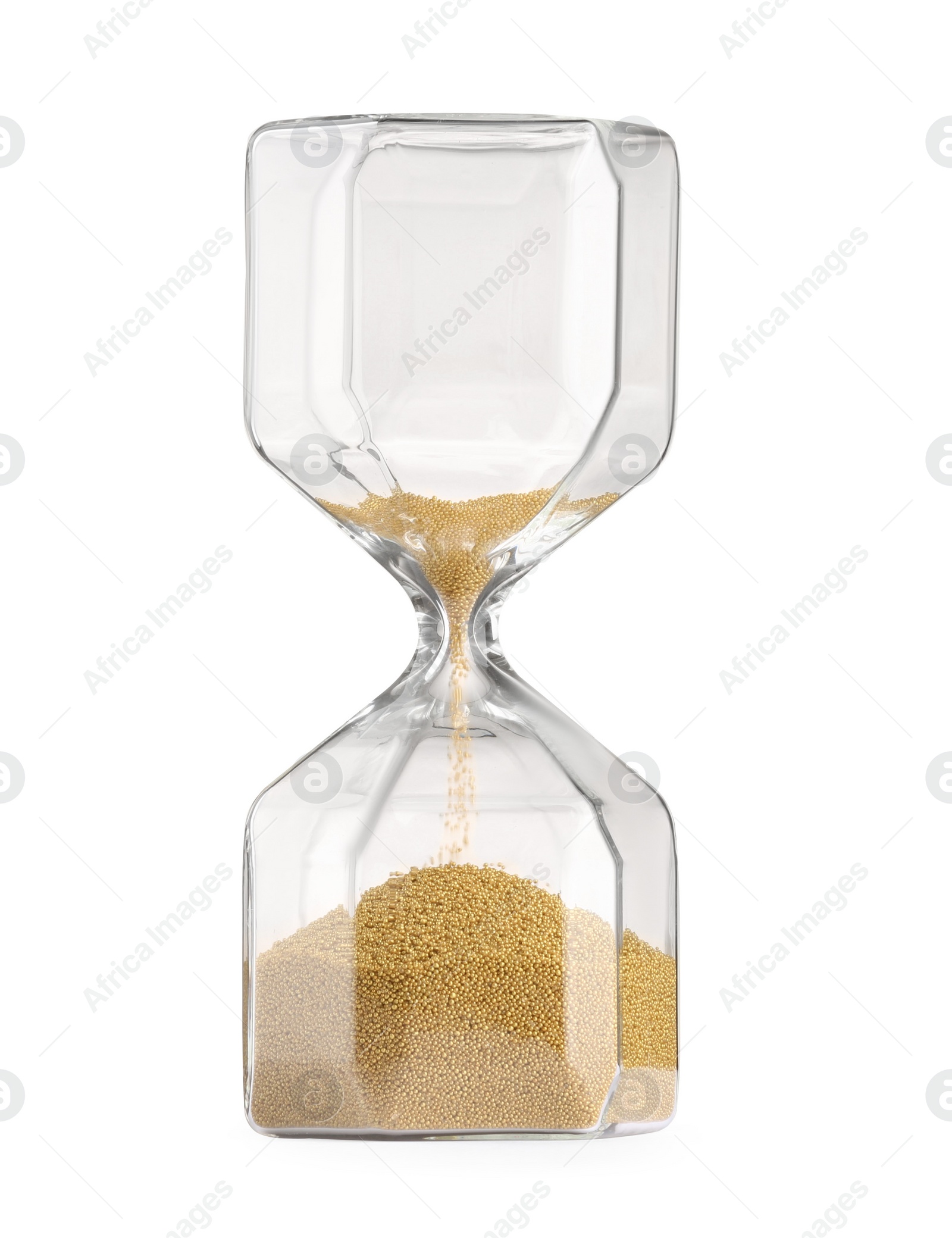 Photo of Hourglass with flowing sand isolated on white