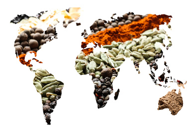 Double exposure of world map and different spices on white background. Logistic and wholesale concept