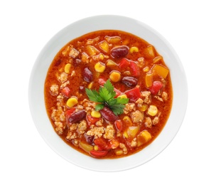 Photo of Bowl with tasty chili con carne on white background, top view