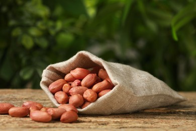 Photo of Fresh unpeeled peanuts in sack on wooden table against blurred background