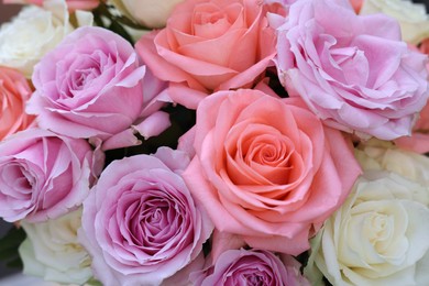 Photo of Beautiful bouquet of aromatic roses as background, closeup