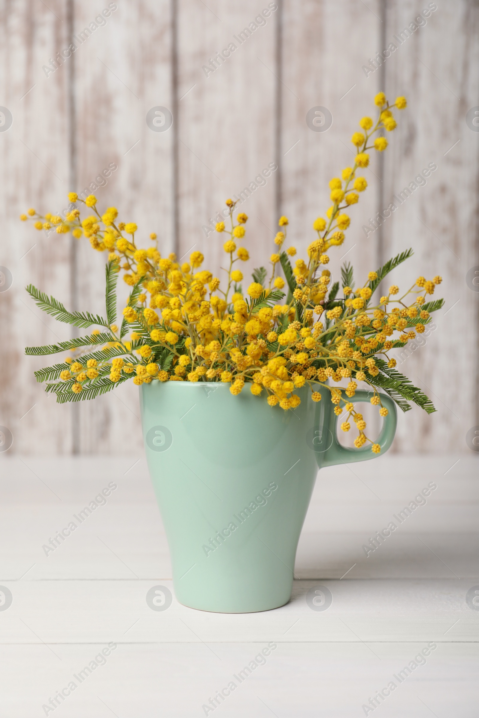 Photo of Bouquet of beautiful mimosa flowers on white wooden table