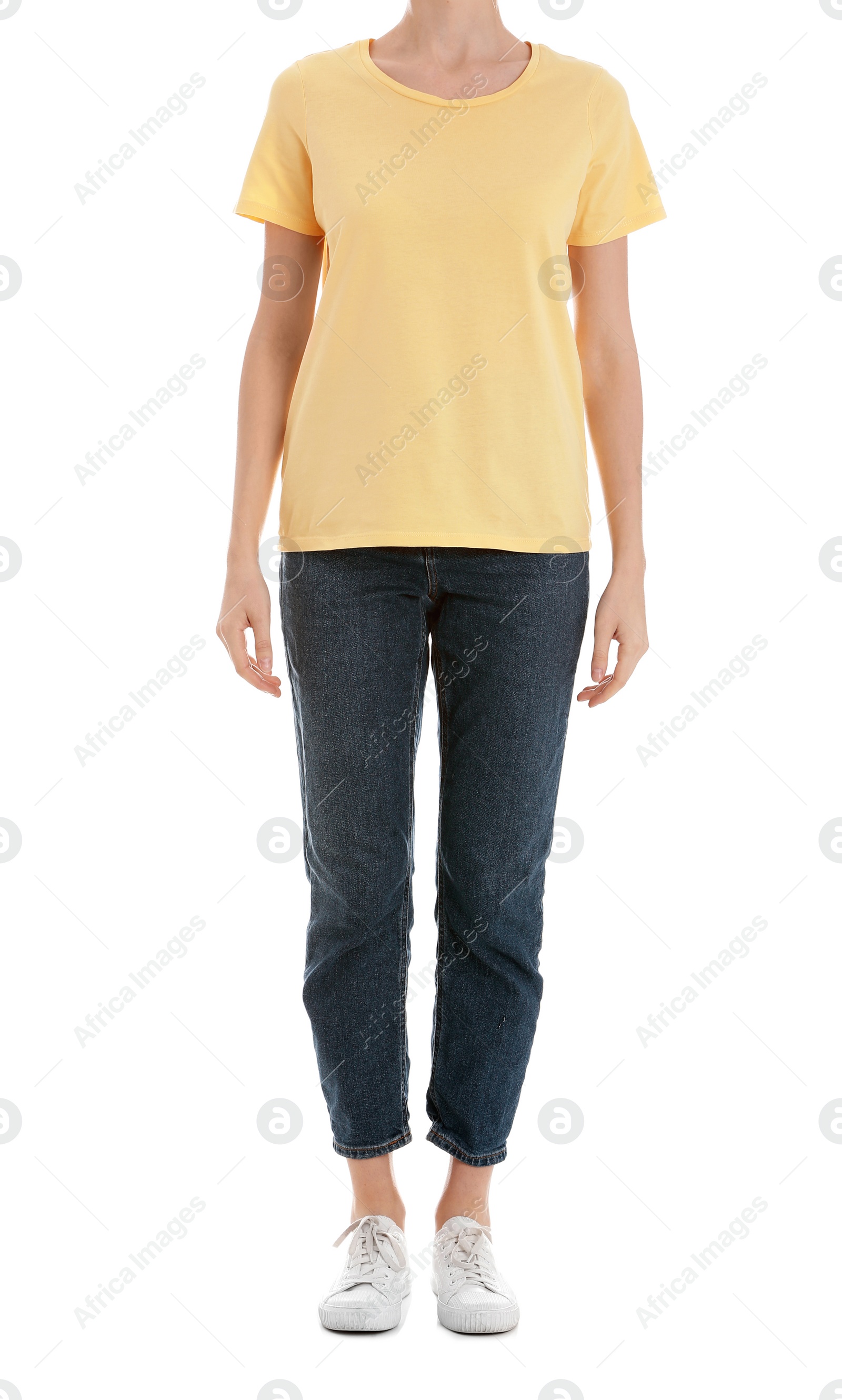 Photo of Young slim woman on white background, closeup. Weight loss