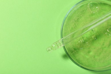 Petri dish with liquid sample and pipette on green background, top view. Space for text