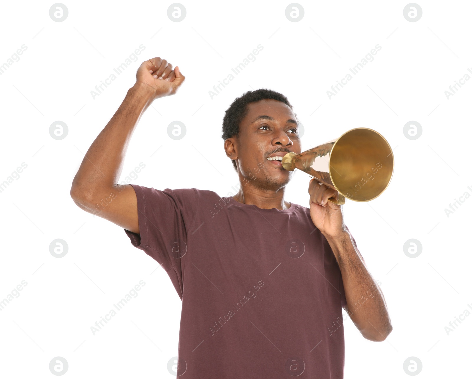 Photo of Young African-American man shouting into megaphone on white background