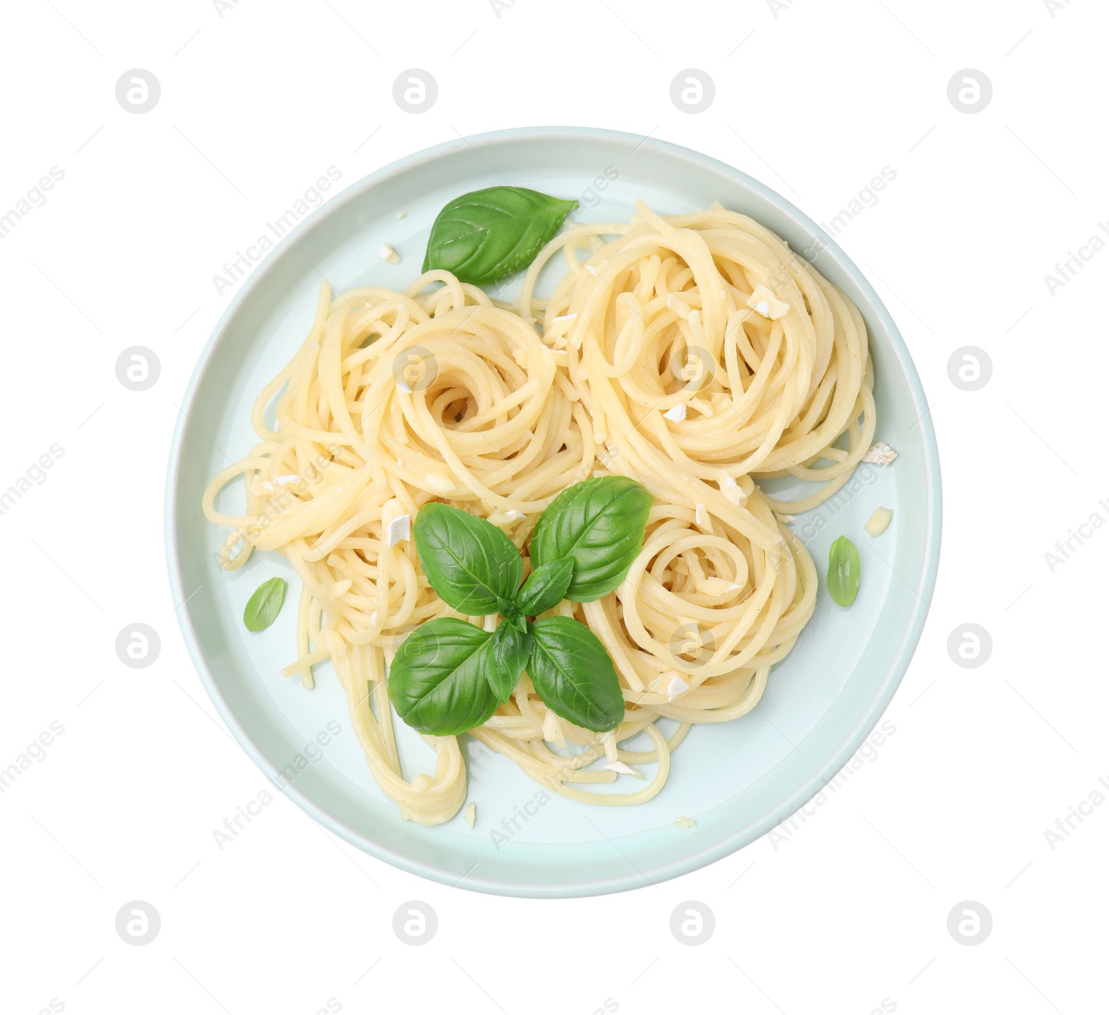 Photo of Delicious pasta with brie cheese and basil leaves on white background, top view