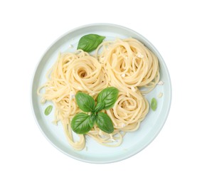 Photo of Delicious pasta with brie cheese and basil leaves on white background, top view