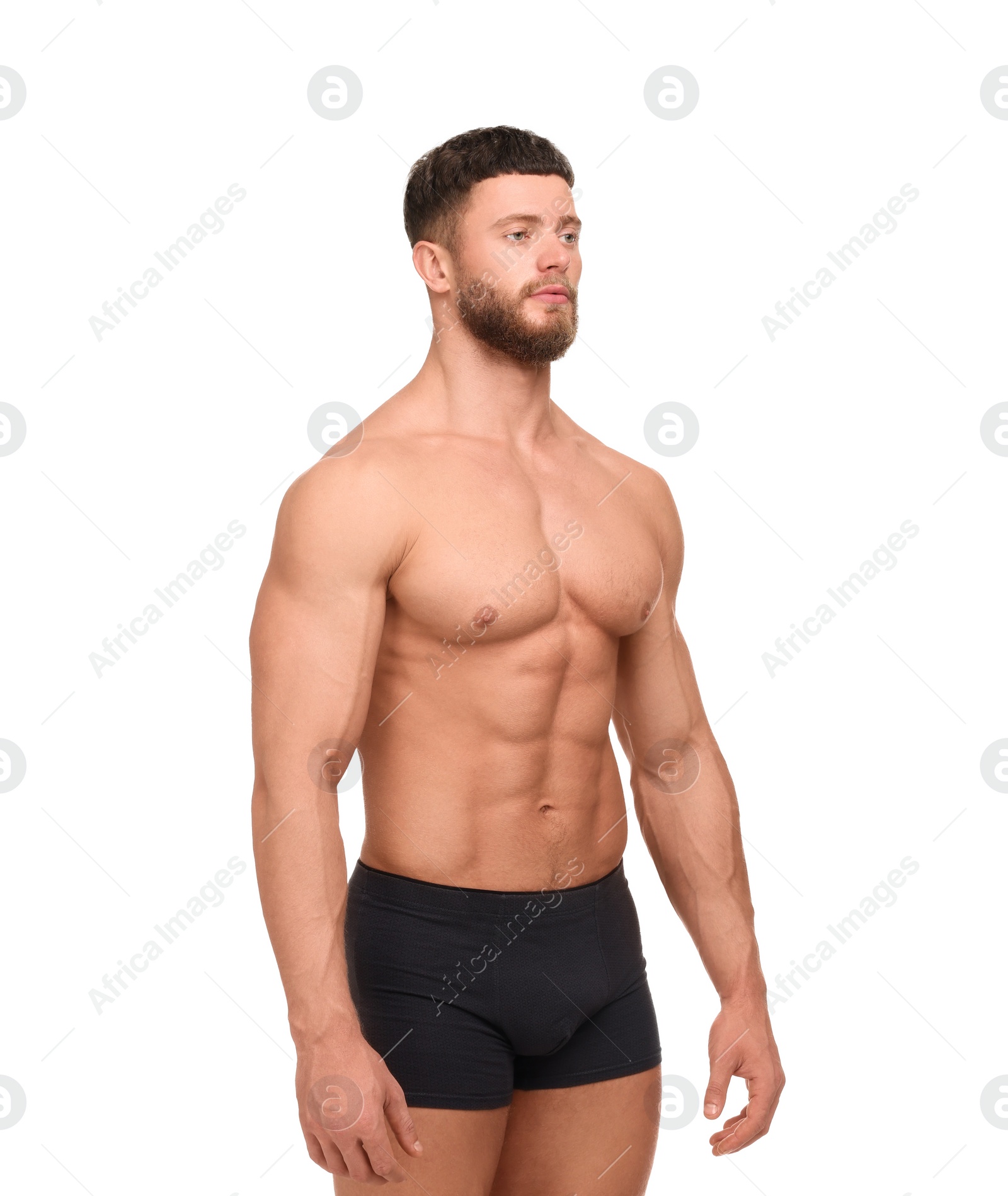 Photo of Handsome muscular man isolated on white. Sexy body