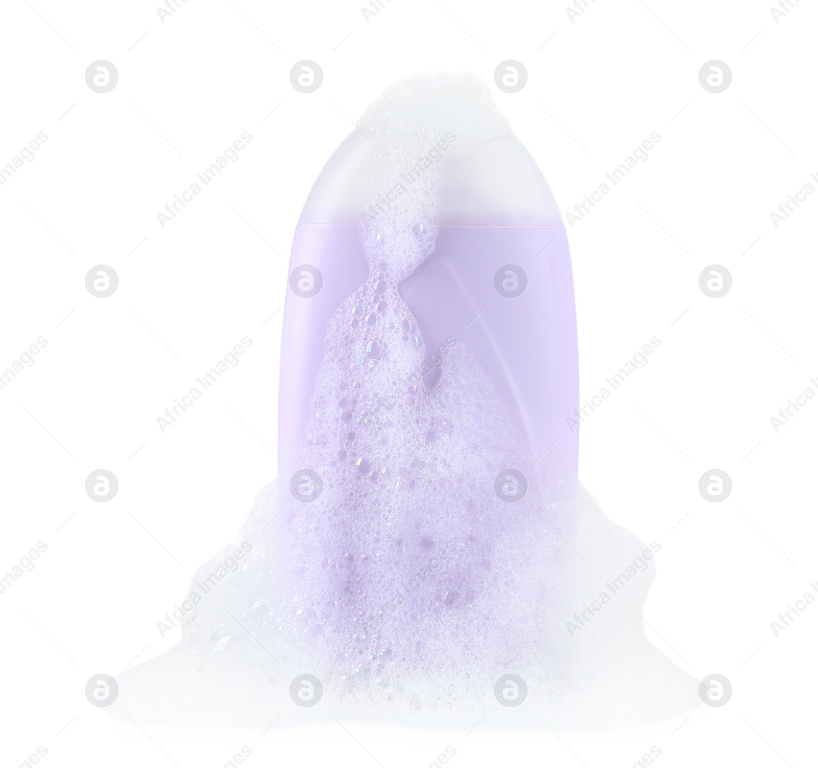 Photo of Bottle of bubble bath with foam isolated on white