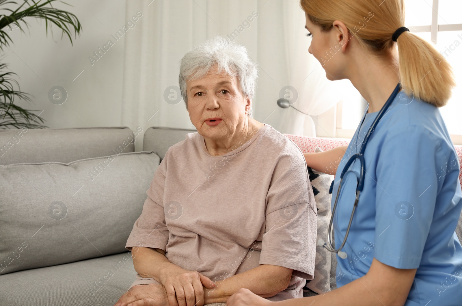Photo of Nurse with elderly woman indoors. Assisting senior people