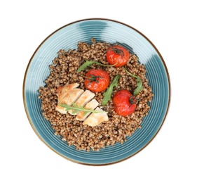 Photo of Delicious buckwheat porridge with meat and tomatoes on white background, top view