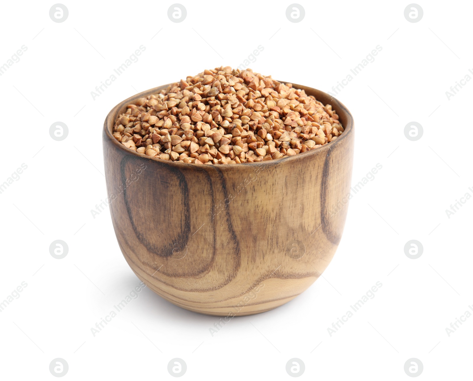 Photo of Bowl with uncooked buckwheat on white background