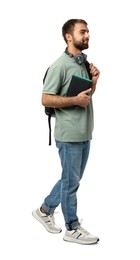 Student with headphones, backpack and books on white background