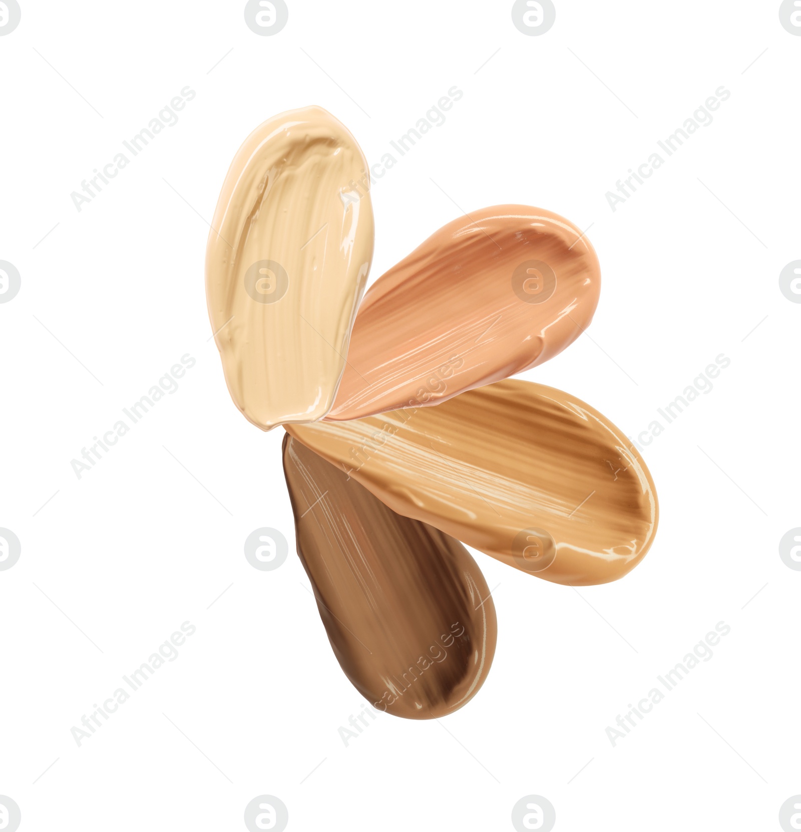 Image of Different shades of liquid skin foundation on white background, top view